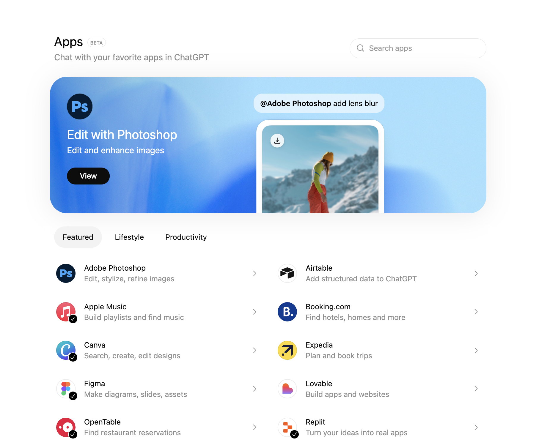 ChatGPT Apps Marketplace showing featured apps like Adobe Photoshop, Canva, Figma, Apple Music, and Replit - the new distribution channel for AI-powered applications